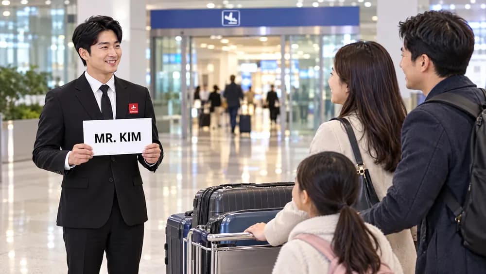 인천공항 입국장에서 이름표를 들고 가족 손님을 맞이하는 에어맨 기사